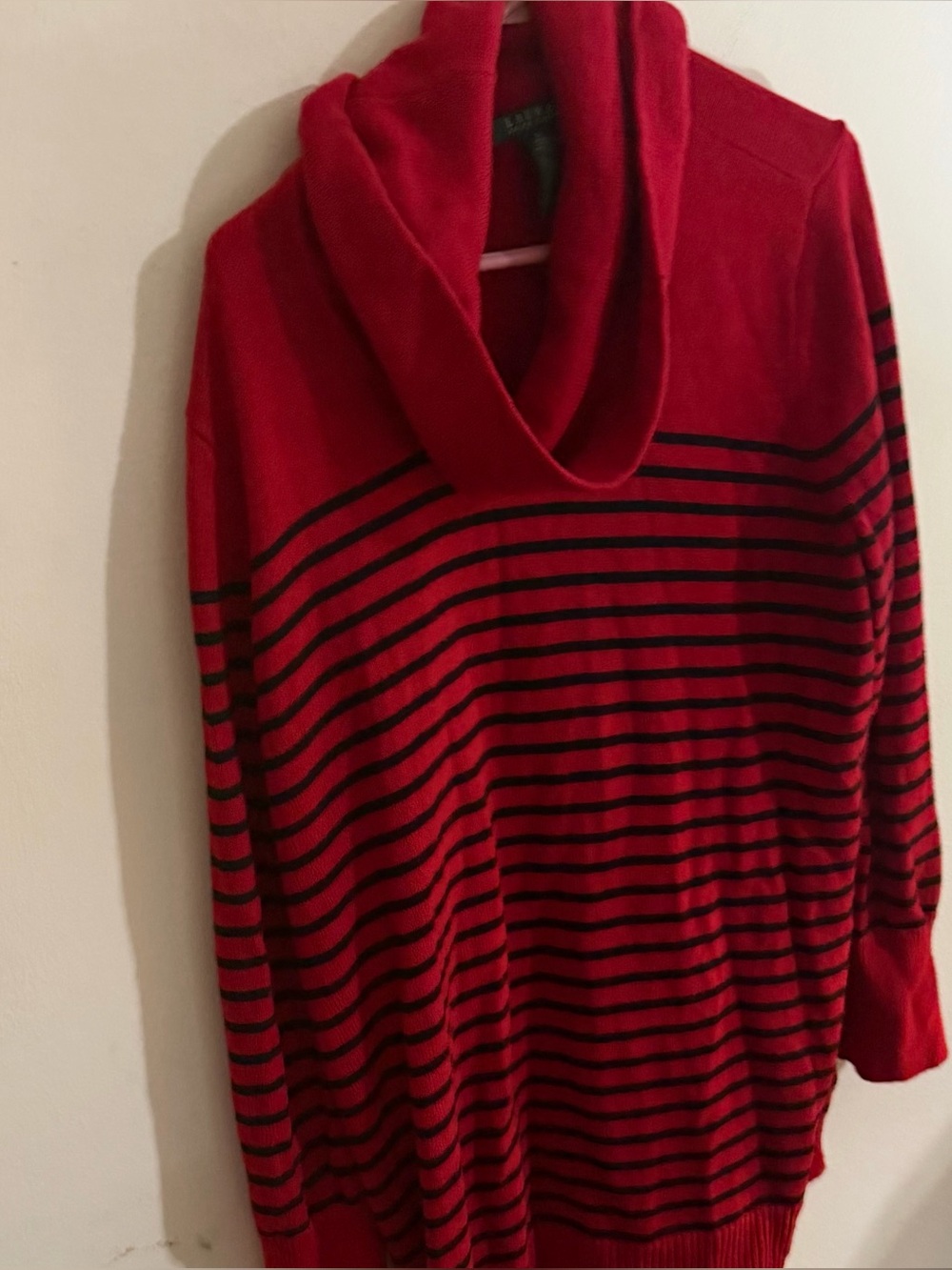 Lauren Ralph Lauren Size 2x 
Red and Black Striped Cowl Neck Sweater